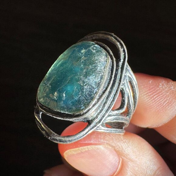 Vintage PZ Israel Roman Glass & Sterling Silver Ring, Size 8.8 by Paz Blue 925 - Picture 7 of 16